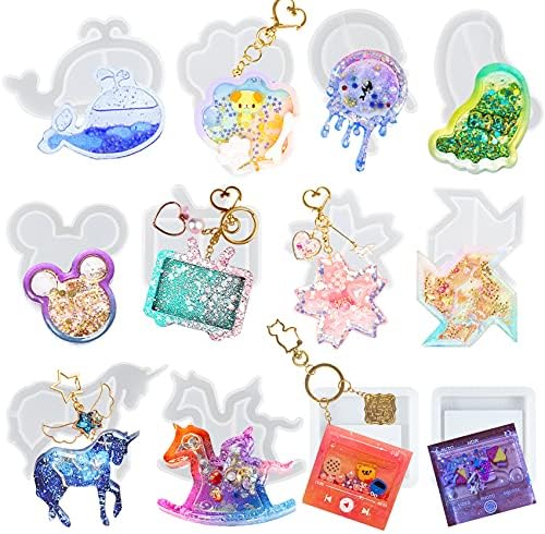 Epoxy Resin Shaker Silicone Molds Set Mouse Head, Flower, Footprint, Dolphin, Windmill, Unicorn, Bear's Paw, TV, Rocking Horse, Drippy Circle, Media Players 12-Count by FUNSHOWCASE