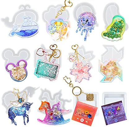 Epoxy Resin Shaker Silicone Molds Set Mouse Head, Flower, Footprint, Dolphin, Windmill, Unicorn, Bear's Paw, TV, Rocking Horse, Drippy Circle, Media Players 12-Count by FUNSHOWCASE