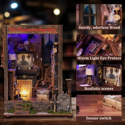 Book Nook Kit,DIY 3D Wooden Miniature Dollhouse Kit Gifts for Adults,The Phantom Chamber Haunted House Booknook with LED Light - Image 2