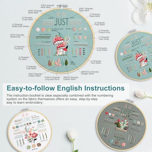 3 Sets Embroidery Kit for Beginners to Learn 36 Basic Embroidery Stitches Practice Kit,Hand Embroidery Cross Stitch Kits for Beginners with Embroidery Patterns, Hoop,Threads,Tools - Image 4