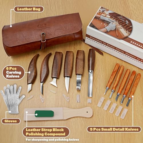 Wood Carving Tools, 15Pcs Wood Carving Kit with PU Storage Bag, Wood Whittling Kit with 6Pcs Whittling Knives & 5 Detail Carving Knives for Adults Wood Carving DIY - Image 2