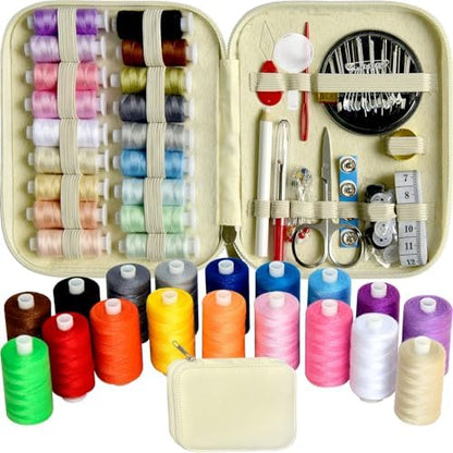 Sewing Kit with Case Portable Sewing Supplies for Home Traveler, Adults, Beginner, Emergency, Contains 18 Sewing Thread, Scissors, Needles, Measure etc,Off White by LE+PAON