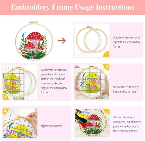 Zhenqing 4 Mushroom Cross Stitch Kit, 11CT Printed Fabric with Hoop - Image 6