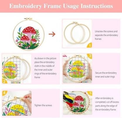 Zhenqing 4 Mushroom Cross Stitch Kit, 11CT Printed Fabric with Hoop - Image 6