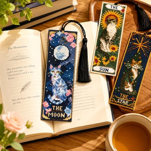 NEGEKFKX 5 Pcs Tarot Cat Cross Stitch Bookmark Kit for Adult Beginners - Image 3