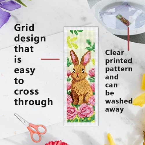 INFUNLY 6 Set Brown Rabbit DIY Cross Stitch Bookmark Kits for Adults Flowers Counted Cross Stitch Kit with Instructions Bunny Stamped Embroidery Bookmark Kit for Book Lovers Readers Gift - Image 3