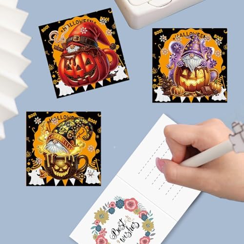 jinglinhh 6pcs Diamond Art Painting Halloween Pumpkin Chocolate Drink Gnome Greeting Cards with Envelopes, DIY Card Making Kits for Adults, Diamond Art Postcards Holiday Cards Craft Gifts - Image 3