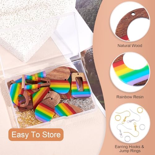 Elecrelive 8 Pairs Wood Earring Kit Rainbow Resin Wood Charms Stripe Wood Earring Pendants Heart Teardrop Triangle Vintage Dangle Earring Charms with Earring Hooks for Jewelry Craft Making - Image 2