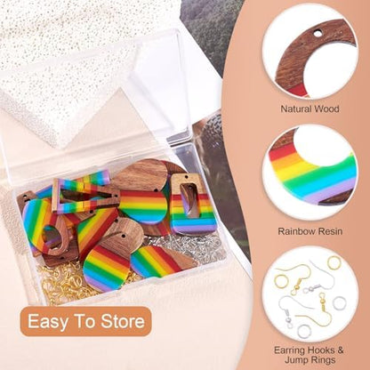 Elecrelive 8 Pairs Wood Earring Kit Rainbow Resin Wood Charms Stripe Wood Earring Pendants Heart Teardrop Triangle Vintage Dangle Earring Charms with Earring Hooks for Jewelry Craft Making - Image 2