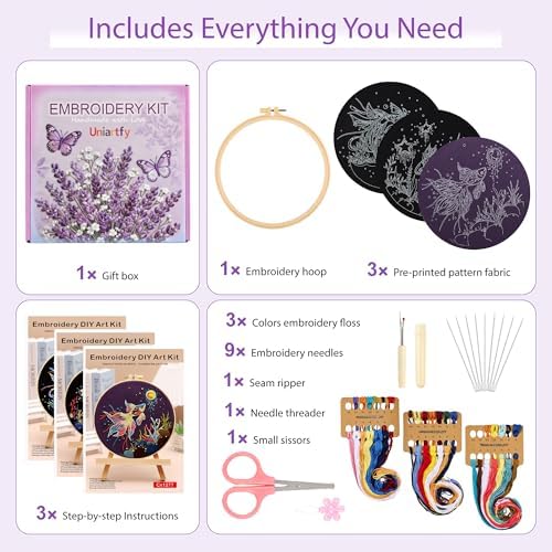 Uniartfy 3 Sets Hand Embroidery Starter Kits for Beginners Adults, Goldfish Stamped Cross Stitch Kit, DIY Needlepoint Kit with Cloth, Hoop,Threads and Instruction, Easy to Learn Embroidery Starter Kit - Image 2