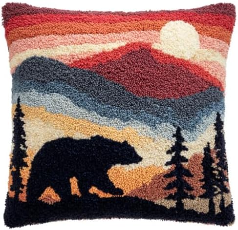 DIY Latch Hook Pillow Kit Black Bear with Mountain and Sunset 43x43cm-3 by Unknown