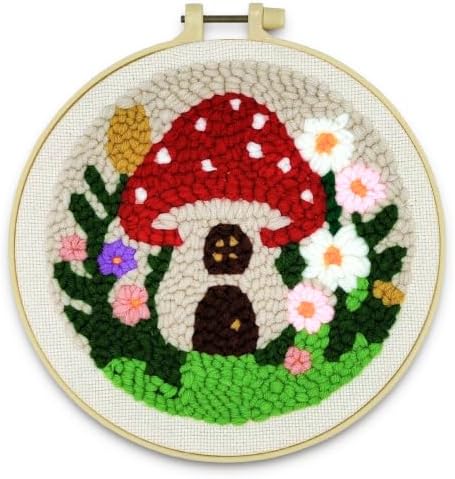DIY Punch Needle Kit for Beginners, All-in-One Embroidery Starter Set for Adults & Teens with Pre-Stamped Fabric, Soft Yarn & Adjustable 7.87IN Hoop for Wall Art & Home Decor Craft (Red Mushroom) by HYINUS