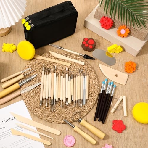 43 Pcs Pottery Tools Pottery Sculpting Tool, Potterys Kit, Clay Sculpting Tools at Home, Ceramics Tool Set with Carrying Case Bag and Apron, for Potterys Wheel, DIY Art and Craft (Natural Wood Color) - Image 3