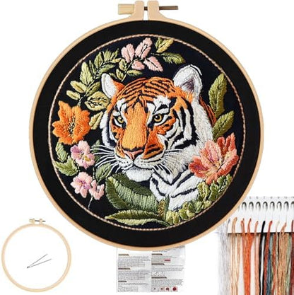 FONNUY Tiger Floral Embroidery Kit, Cross Stitch Kits for Beginners, Handmade Crafts with Printed Patterns for Beginner Adults, Easy to Follow Color Thread Needlework, 8'' Hoop by FONNUY