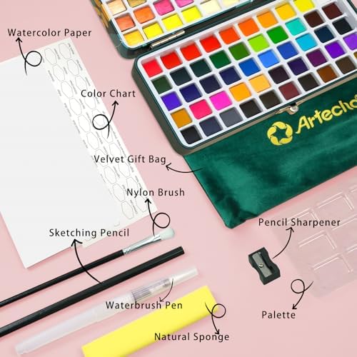 Artecho 100 Colors Watercolor Paint Set with Metallics, Portable Tin Case - Image 3