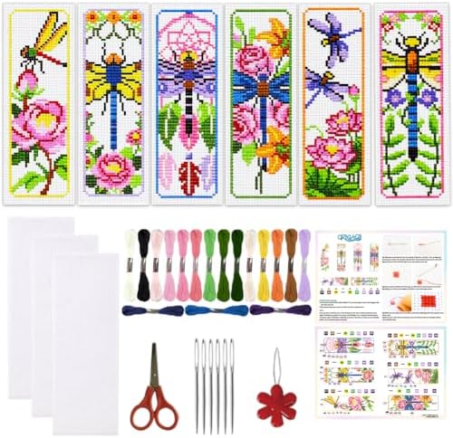 ORIGACH 6 Set Dragonfly & Flower Cross Stitch Bookmark Kit for Beginner by ORIGACH