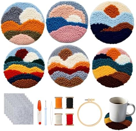 Starter Needle Coasters Kit, Punch Needle Embroidery DIY Set for Beginners Adults, Easy Coasters Kit with Adhesive Felt, Yarns, Embroidery Hoop (Multi landscape1) by yesJRL