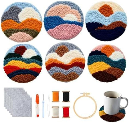 Starter Needle Coasters Kit, Punch Needle Embroidery DIY Set for Beginners Adults, Easy Coasters Kit with Adhesive Felt, Yarns, Embroidery Hoop (Multi landscape1) by yesJRL
