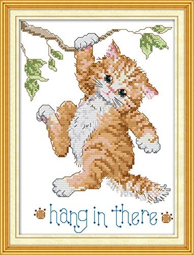 Funcrostitch Counted Cross Stitch Kits for Beginners,14ct Unprinted Pattern Embroidery Kit Dmc Cotton Threads Needleworks for Adults-Hang in There 7.5"×10.6"