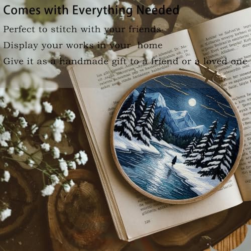 FONNUY Embroidery Kit for Beginners, Boho Nature Landscape Pre-Stamped Pattern Kits for Adults with Hoop, Easy to Follow Color Thread Needlework, 8'' Hoop (Winter Night) - Image 3
