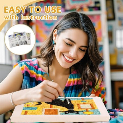 Doodlream Black Cat DIY Punch Needle Embroidery Kit for Adult Beginner, 9.4" Kitten Abstract Punch Stitching Craft Set for Starter with Frame,Fabric Pattern,Threader, Yarn, Pinch Needle - Image 3