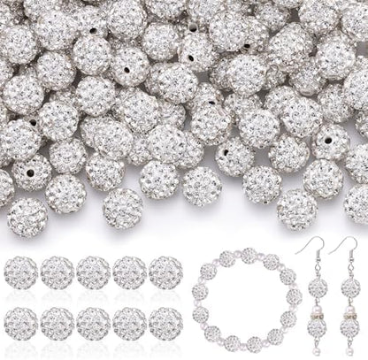105pcs 10mm Rhinestone Beads for Jewelry Making, White Shiny Round Disco Ball Beads Bulk, Sparkle Crystal Clay Christmas Bead for Bracelet Baseball Necklace Earring Crafting and DIY by TINKRSTUFF