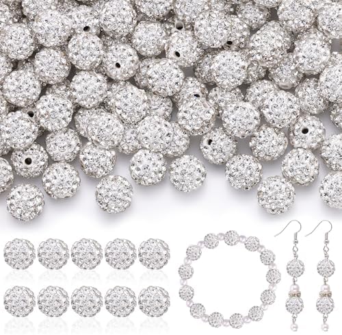 105pcs 10mm Rhinestone Beads for Jewelry Making, White Shiny Round Disco Ball Beads Bulk, Sparkle Crystal Clay Christmas Bead for Bracelet Baseball Necklace Earring Crafting and DIY by TINKRSTUFF