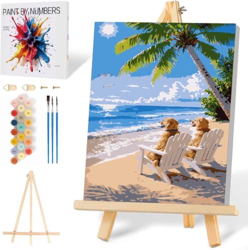Mowana Beach Paint by Numbers Kit for Adults Beginners, Golden Retrievers Adult Painting Kit by Numbers with Frame and Easle, Stretched Canvas Paint by Number Kit, 8x12inch by Mowana