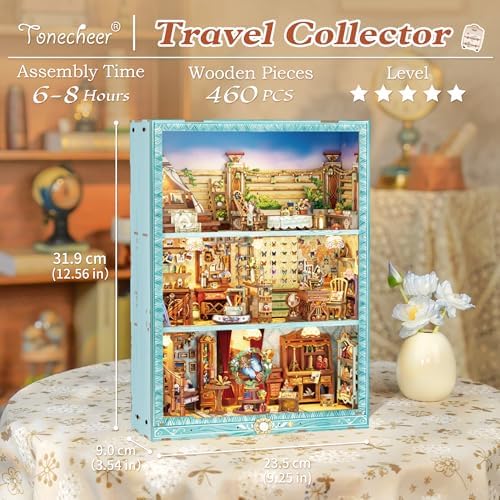 Tonecheer 3D Puzzle Story Frame Kit, Book Nook DIY Miniature House Wooden Dollhouse Kit, Wall Mountable Decor Diorama Model with Dust Cover and LED for Ideal Gift - Travel Collector - Image 2