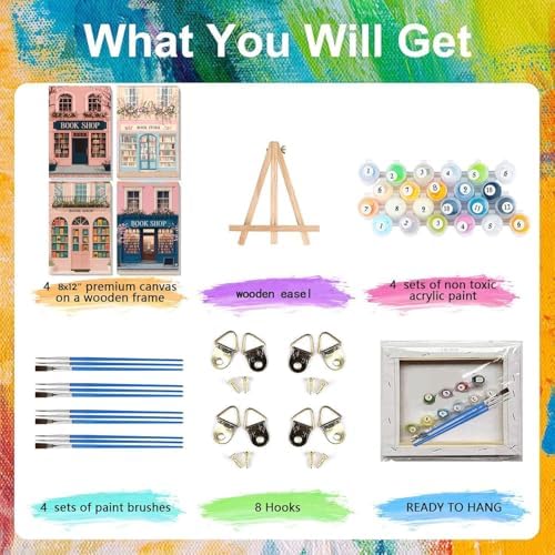4 Pack Book shop Paint by Numbers Kit for Adults with Frame, Easy Bookstore Paint by Number for Adults Beginner with Wooden Easel, DIY Painting by Numbers Canvas Framed for Home Decor 8 x 12 Inch - Image 4