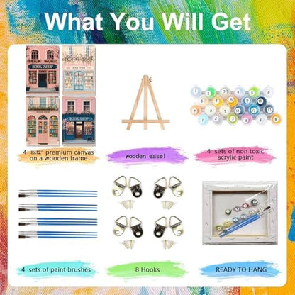 4 Pack Book shop Paint by Numbers Kit for Adults with Frame, Easy Bookstore Paint by Number for Adults Beginner with Wooden Easel, DIY Painting by Numbers Canvas Framed for Home Decor 8 x 12 Inch - Image 4