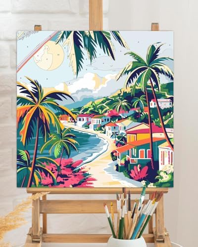 TOCARE Framed Paint by Numbers Kit for Adults, Beach Paint by Number Framed,Simple Oil Paint by Number Kits on Canvas Framed Palm Tree Seascape for Home Wall Decor (10x10 Inch, Without Easel) - Image 5