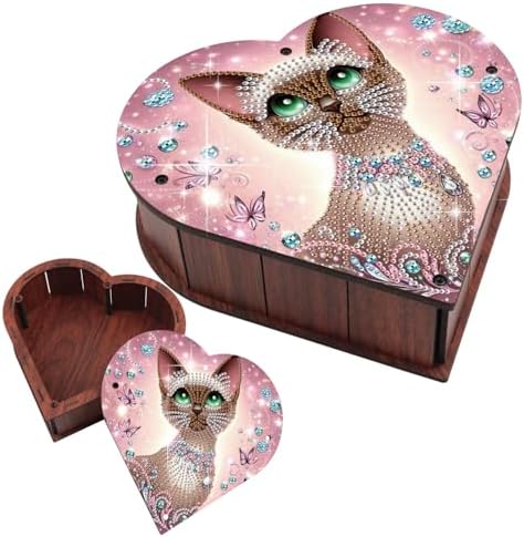 DIY Diamond Painting Storage Box Kit, Wooden Special Shaped Diamond Art Organizer with Siamese Cat, Decorative Rings Necklace Gift Case for Women, for Valentine's Day Dresser Desktop Decor by antor
