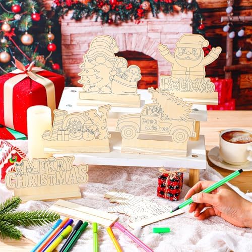 Yuntau 24 Pcs Color Your Own Christmas Table Crafts Decorations Merry Christmas DIY Paint Wooden Table Centerpiece Signs Unfinished Holiday Desktop Decor for Xmas Holiday Party Gifts Favors - Image 4