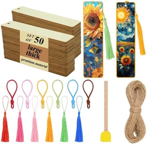Rcpuirl 50 PCS Extra Large Thick Wood Bookmark with Tassels & Gift Ribbons – Unfinished Wooden Bookmarks to Paint, Bulk Blank Bookmarks for DIY Crafts, Painting, Wedding, Birthday Party Decors by Unknown