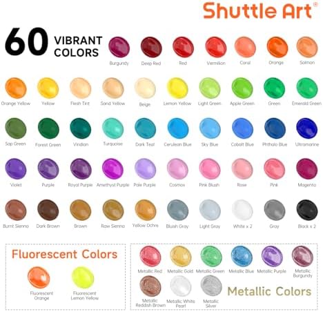 72 Pack Acrylic Paint Set, Shuttle Art 60 Colors Acrylic Paint Including Extra White Black & 12 Brushes, 2oz/60ml, Rich Pigmented, Water Proof, Ideal for Artists, Beginners on Canvas Rock Wood Ceramic - Image 3