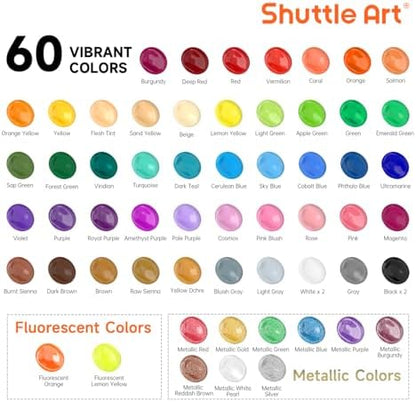 72 Pack Acrylic Paint Set, Shuttle Art 60 Colors Acrylic Paint Including Extra White Black & 12 Brushes, 2oz/60ml, Rich Pigmented, Water Proof, Ideal for Artists, Beginners on Canvas Rock Wood Ceramic - Image 3