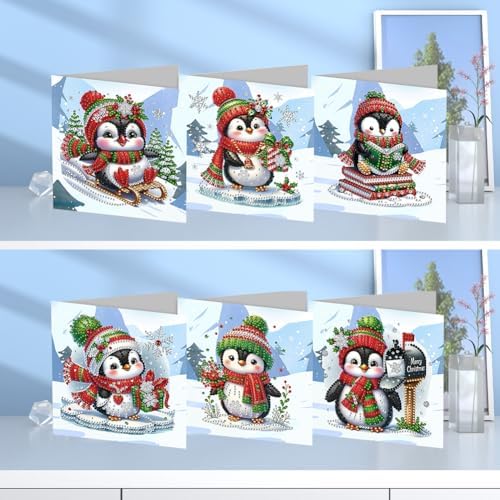 jinglinhh 6pcs Diamond Art Painting Christmas Penguin Greeting Cards with Envelopes, DIY Card Making Kits for Adults, Diamond Art Postcards Holiday Cards Craft Gifts - Image 5