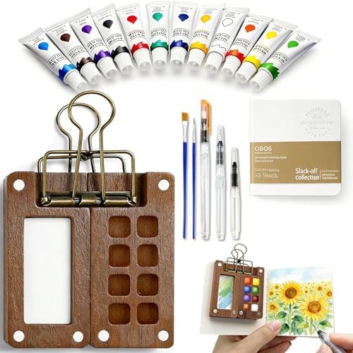 Mini Portable Watercolor Paint Set - 8 Grid Wood Palette with Binder Clips 12 Colors Paint, Brushes, Water Pens & Sketchbook, Travel Art Kit for Beginners & Art Enthusiasts by KOLODOGO