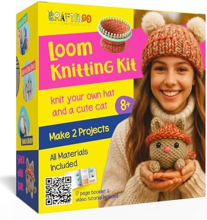 Knitting Kit for Kids - Beginner Loom Knitting Kit to Make a Hat & Cat by Craftiloo