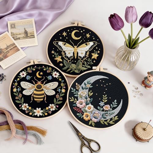 Uniartfy 3 Sets Butterfly Bee Moon Embroidery Kits for Beginners, DIY Cross Stitch Starter Craft Kit for Adults, Needlepoint Kits Including Cloth with Flower Plant Pattern, Hoop, Tools, Instructions - Image 5
