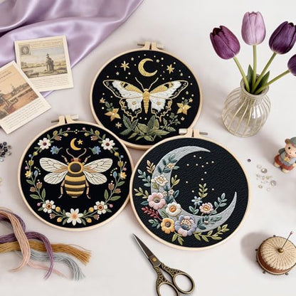 Uniartfy 3 Sets Butterfly Bee Moon Embroidery Kits for Beginners, DIY Cross Stitch Starter Craft Kit for Adults, Needlepoint Kits Including Cloth with Flower Plant Pattern, Hoop, Tools, Instructions - Image 5