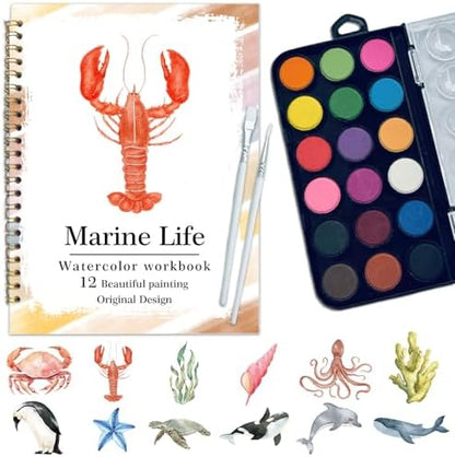 Watercolor Workbook, Water Coloring Book, 12 Different Patterns of Original DIY Designs, 18 Colors Watercolor Paint Set, Beginner-Friendly Watercolor Workbooks(Marine organisms) by Unknown