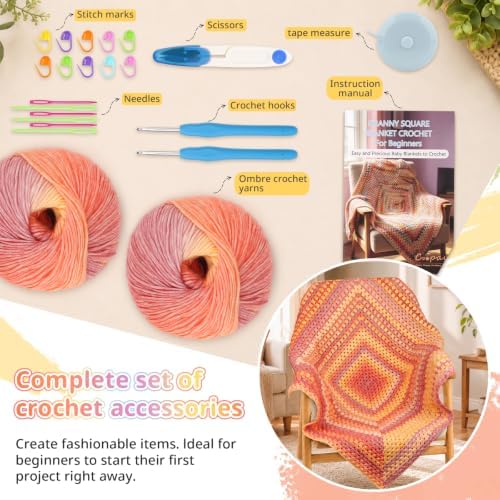 Coopay Crochet Kit for Beginners Adults, Gradient Granny Square Blanket Kit - Image 5
