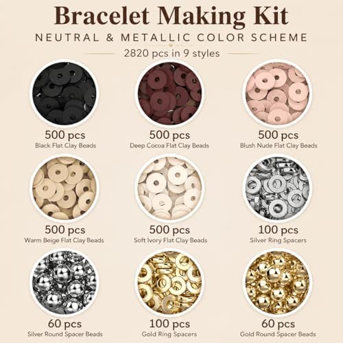 Believo Polymer Clay Beads Kit for Jewelry Crafting with Elastic Cord – Flat Heishi Beads & Spacer Pieces for Bracelets & Necklaces (Black & Coffee) - Image 6