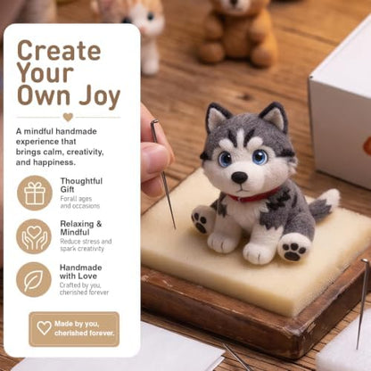 FACE N FACE DIY Needle Felting Kit Cute Siberian Husky Puppy – Needle Felting Starter Kit with Fiber Roving, Needles, Felting Pad & Instructions | Felted Dog Kit for Beginners Adults | DIY Craft Gift - Image 2