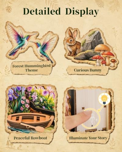 3D Puzzles for Adults-Forest Dreamscape, DIY Book Nook Kit with LED Nightlight, 3D Wooden Puzzles Hummingbird Forest Storybook Puzzle, Home Decor Gift for Adults Book Lovers - Image 4