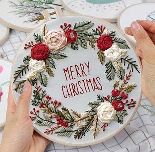 Huacan Embroidery Kits for Adults Beginner DIY Cross Stitch Stamped Christmas Pattern Stitching Wreath Sewing Kit 1 Piece 7.8 x 7.8 Inch - Image 5
