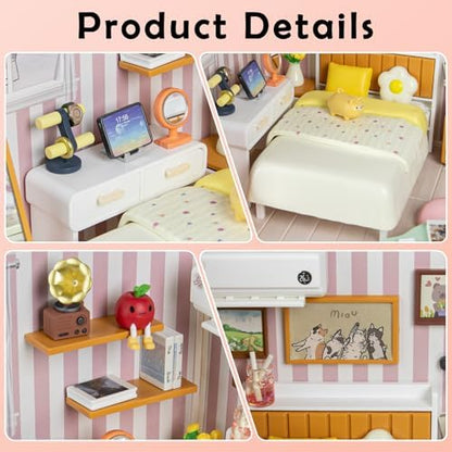 Cozy Bedroom DIY Miniature House Kit for Adults, 3D Dollhouse with LED Light & Dustproof Door, Stackable Connectable Display Case, Creative Gift for Home Decor Lovers Teens Women - Image 3
