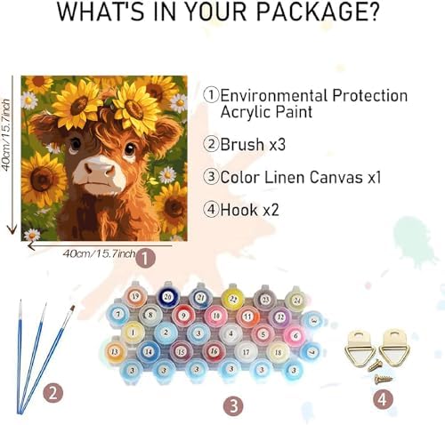 AALBLAC Cow Paint by Numbers Kit for Adults Beginners, Highland Cow Flower Paint by Number for Adults, Easy Animal Acrylic Painting by Numbers for Home Wall Decoration (16x16 inch) - Image 2